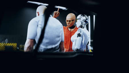 Robot crash test dummy and human. Future concept. 3d rendering.の写真素材