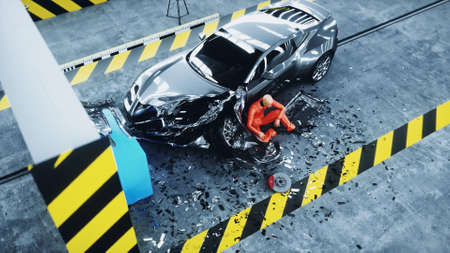 Robot crash test dummy sitting near destroyed car crash test. Future concept. 3d rendering.の写真素材