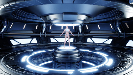 Female robotic droid in sci fi futuristic metall room. Future concept. 3d rendering.の写真素材