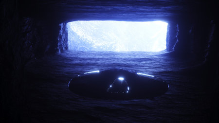 Futuristic old sci fi ship flying in rock cave. Future concept. 3d rendering.