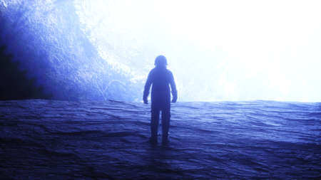 Alone astronaut in space rock cave. Space view. 3d rendering.の写真素材