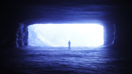 Alone astronaut in space rock cave. Space view. 3d rendering.の写真素材