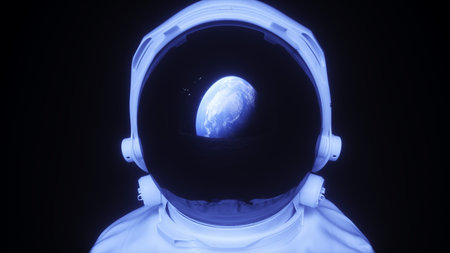 Alone astronaut in space rock cave. Space view. 3d rendering.の写真素材