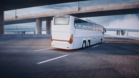 Touristic passenger bus on highway. Very fast driving. Tourism concept. 3d rendering.