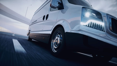 White delivery van on highway. Very fast driving. Delivery concept. 3d rendering.