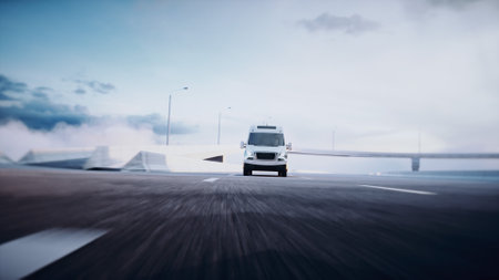White delivery van on highway. Very fast driving. Delivery concept. 3d rendering.の写真素材