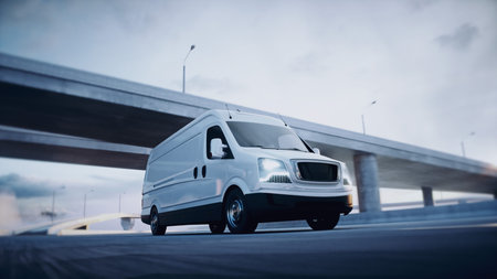 White delivery van on highway. Very fast driving. Delivery concept. 3d rendering.