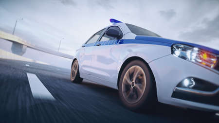Police car on highway. Very fast driving. 3d rendering.の写真素材