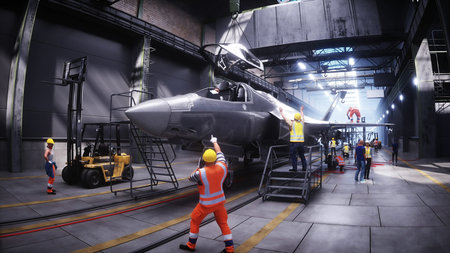 Production of military fighter jet f 35 at the factory. Military factory weapon. 3d rendering.