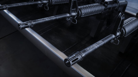 American military machine gun M 16 production line. Factory process. War concept. 3d rendering.