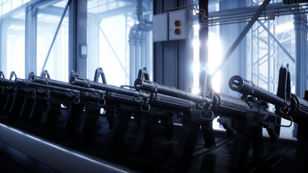 American military machine gun M 16 production line. Factory process. War concept. 3d rendering.