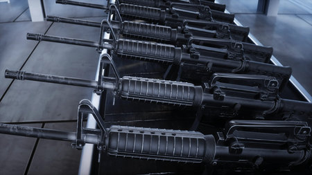 American military machine gun M 16 production line. Factory process. War concept. 3d rendering.