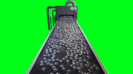 Metallic nut process production. Factory, production line. 3d rendering.