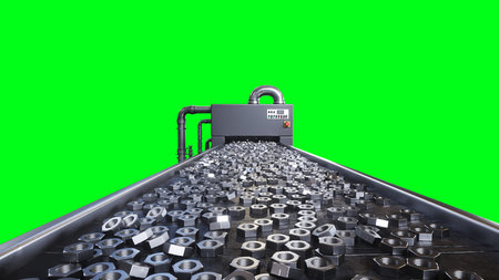 Metallic nut process production. Factory, production line. 3d rendering.