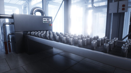 food metallic jar. Factory. Production line. 3d rendering.
