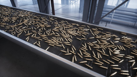 Bullet production, factory. Production line. War concept. 3d rendering