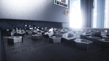 Metallic nut process production. Factory, production line. 3d rendering.