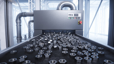 Metallic nut process production. Factory, production line. 3d rendering.の写真素材