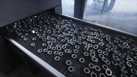 Metallic nut process production. Factory, production line. 3d rendering.の写真素材