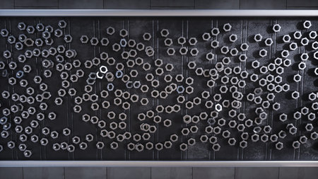 Metallic nut process production. Factory, production line. 3d rendering.