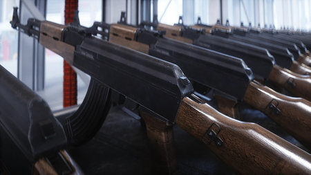 Russian machine gun AK 47 production factory. War concept. 3d rendering