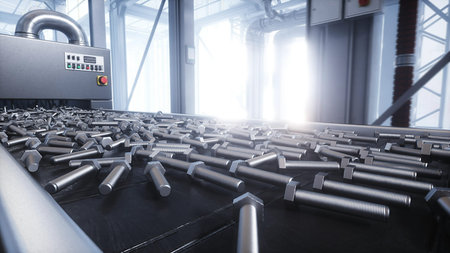 bolt factory process. Production line. 3d rendering.