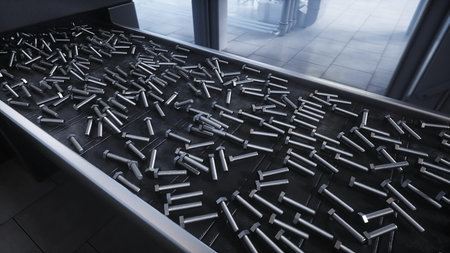 bolt factory process. Production line. 3d rendering.