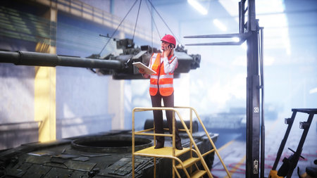 Production of military russian battle tank T 90 at the factory. Military factory weapon. 3d...