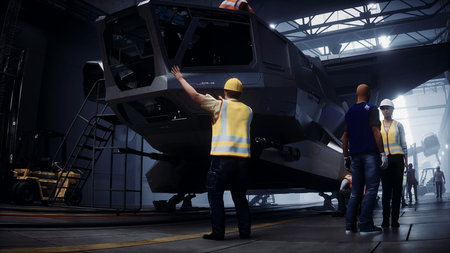 Production of military futuristic ship at the factory. Future concept. 3d rendering.