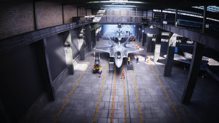 Production of military fighter jet f 22 raptor at the factory. Military factory weapon. 3d...