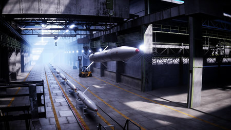 Military tactic rocket factory, production line. War concept 3d rendering.