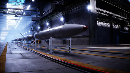 Military tactic rocket factory, production line. War concept 3d rendering.