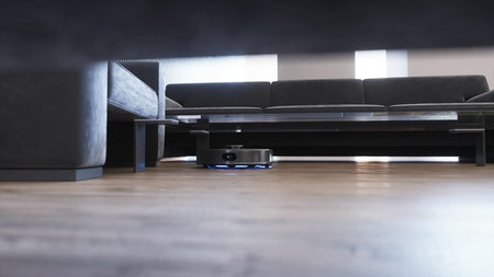 Vacuum Robot auto cleaning at home, floor. 3d rendering.