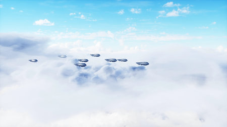 military futuristic ship fly in the clouds. Invasion. 3d rendering.の写真素材