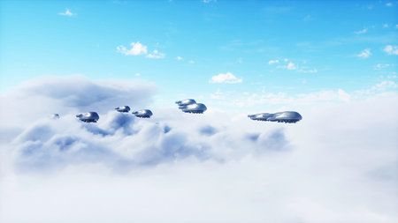 military futuristic ship fly in the clouds. Invasion. 3d rendering.