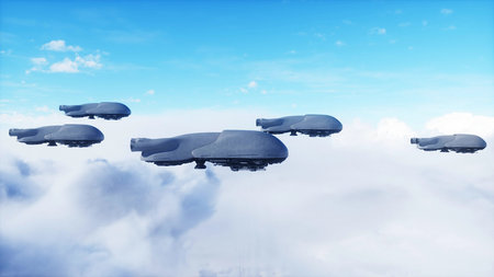 military futuristic ship fly in the clouds. Invasion. 3d rendering.の写真素材