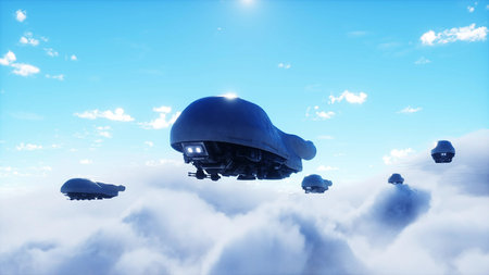 military futuristic ship fly in the clouds. Invasion. 3d rendering.の写真素材