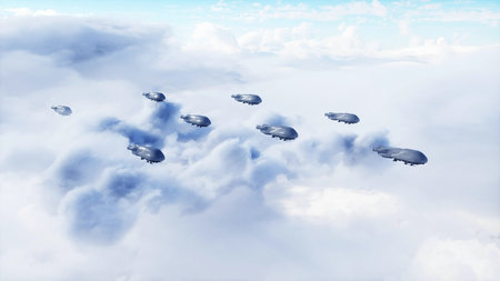 military futuristic ship fly in the clouds. 3d rendering.の写真素材