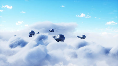 military futuristic ship fly in the clouds. Invasion. 3d rendering.の写真素材