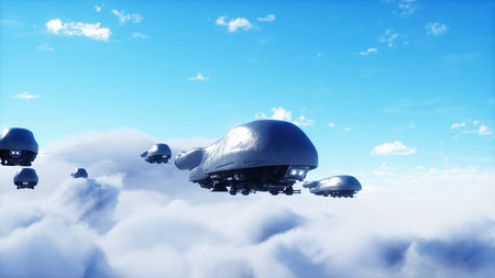 military futuristic ship fly in the clouds. Invasion. 3d rendering.の写真素材