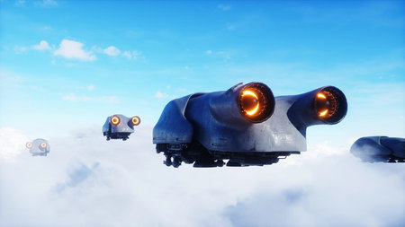 military futuristic ship fly in the clouds. Invasion. 3d rendering.の写真素材