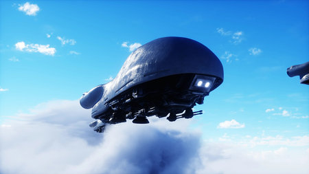 military futuristic ship fly in the clouds. Invasion. 3d rendering.の写真素材
