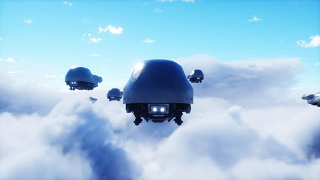 military futuristic ship fly in the clouds. Invasion. 3d rendering.の写真素材