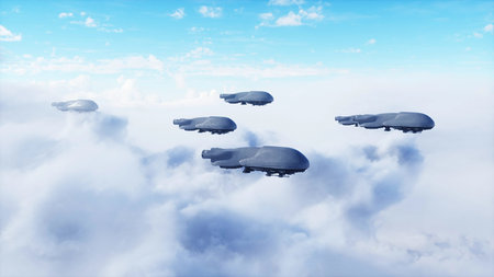 military futuristic ship fly in the clouds. Invasion. 3d rendering.の写真素材