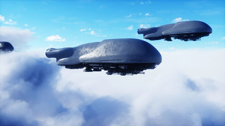 military futuristic ship fly in the clouds. Invasion. 3d rendering.の写真素材
