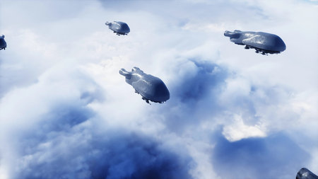 military futuristic ship fly in the clouds. Invasion. 3d rendering.の写真素材