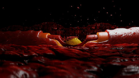 blood stream and cholesterol plaque, thrombus. health harm concept. Inside human body.の写真素材