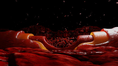blood stream. red blood cells. Inside human body. 3d rendering.の写真素材