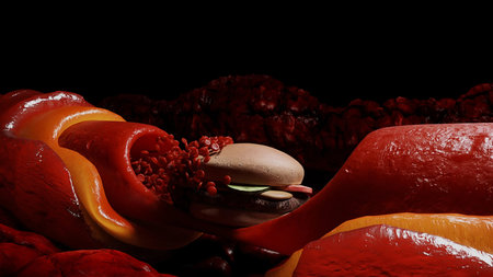 junk food. blood stream and cholesterol plaque, thrombus. health harm concept. Inside human body.の写真素材