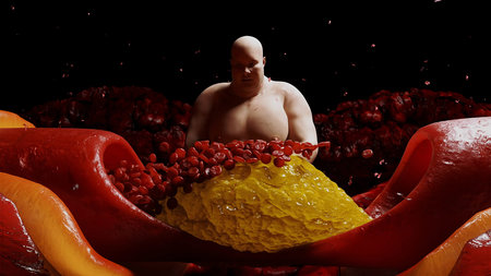 Fat man, blood stream and cholesterol plaque, thrombus. health harm concept. Inside human body. 3d renderingの写真素材